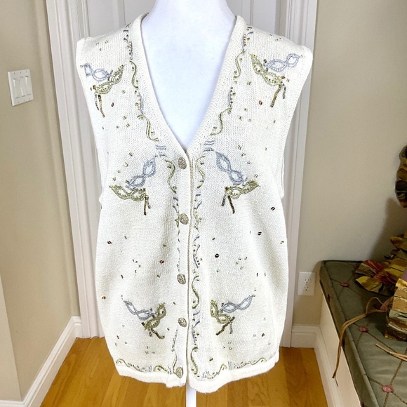 Bobbie Brooks Sweater Vest Masks NYE Ivory Gold Silver (XL) - Picture 1 of 7